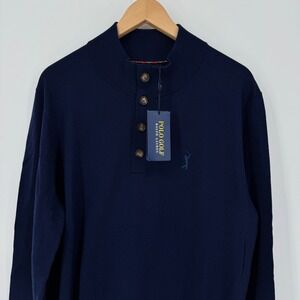 Polo Golf Ralph Lauren Merino Wool Button Mock Neck Sweater Navy Blue  XL NWT